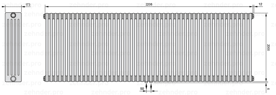 Схема (чертеж) Радиатор Zehnder Charleston 5200/48 №5410 Белый глянцевый RAL 9016
